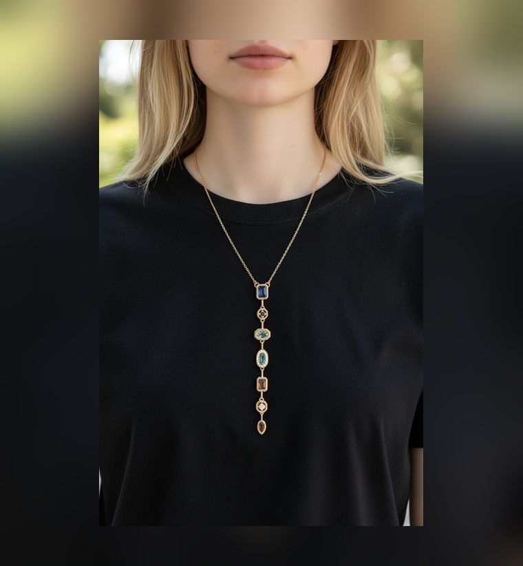 Colonne Lariat — gold plated Y necklace with bezel stone column — alternate view