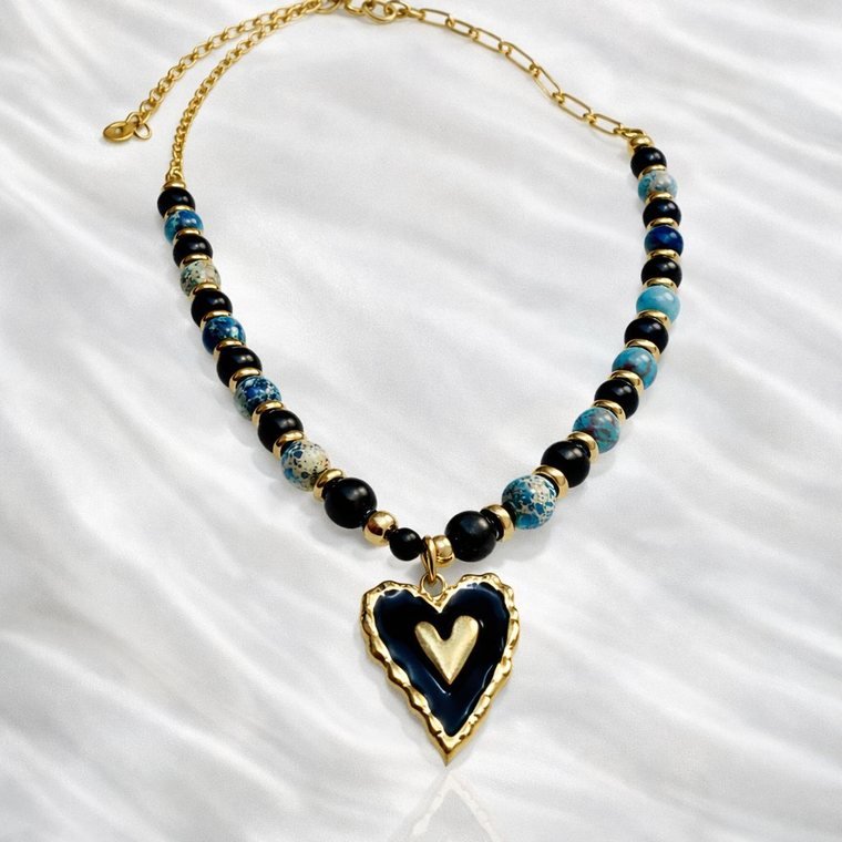 Cœur Nuit Necklace — black and blue beaded necklace with gold heart pendant