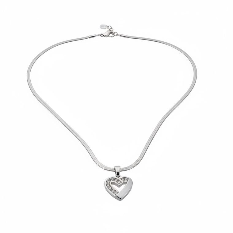 Cœur Pendant — silver-tone snake chain necklace with pavé heart pendant