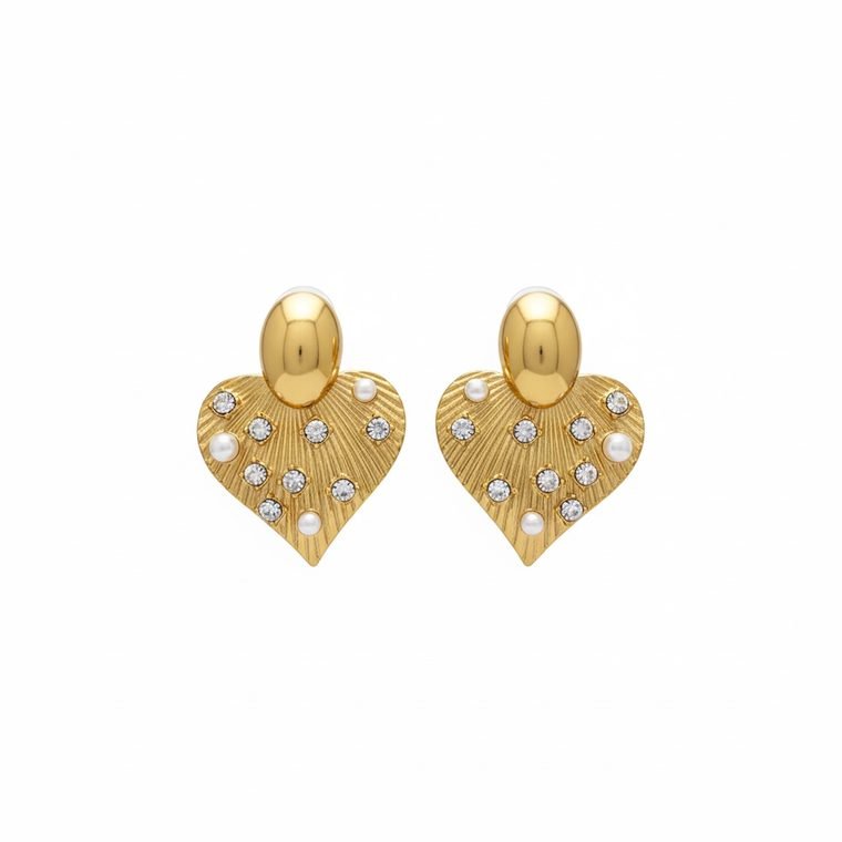 Cœur Perle Studs — gold plated heart earrings with pearls and crystals