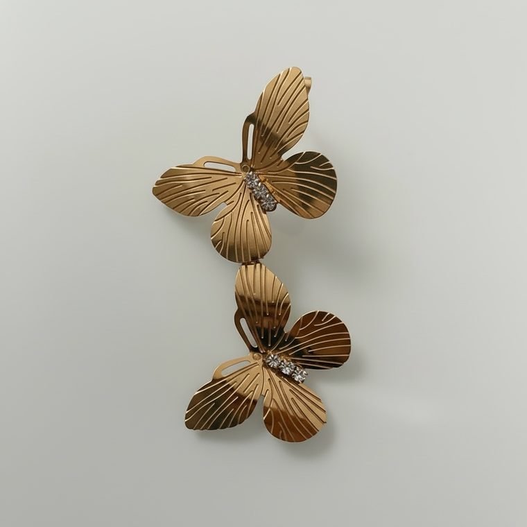 Double Papillon Drops — gold plated double butterfly drop earrings with crystals