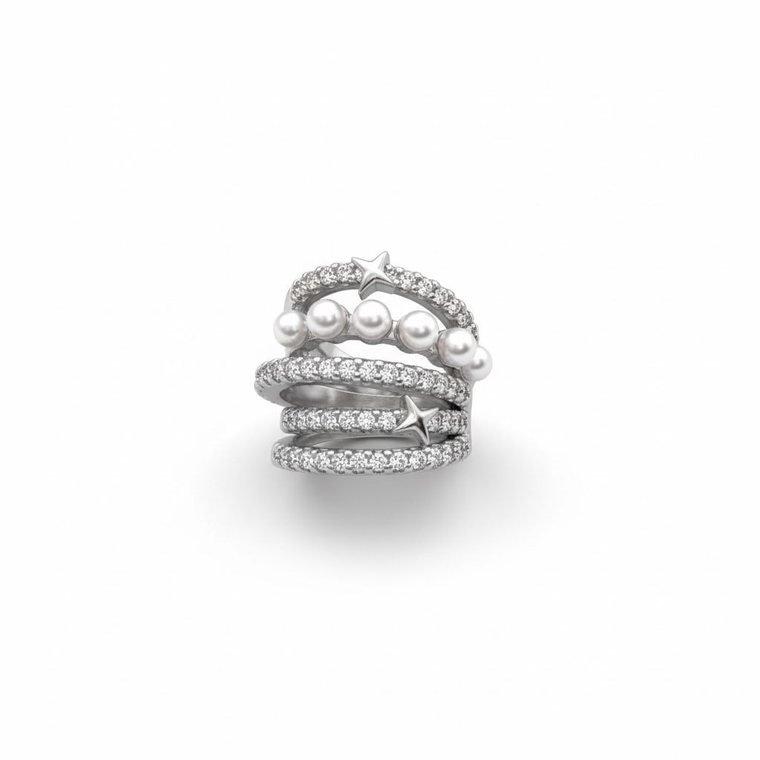 Étoile Perle Ear Cuff — silver-tone multi-row ear cuff with pearls and stars