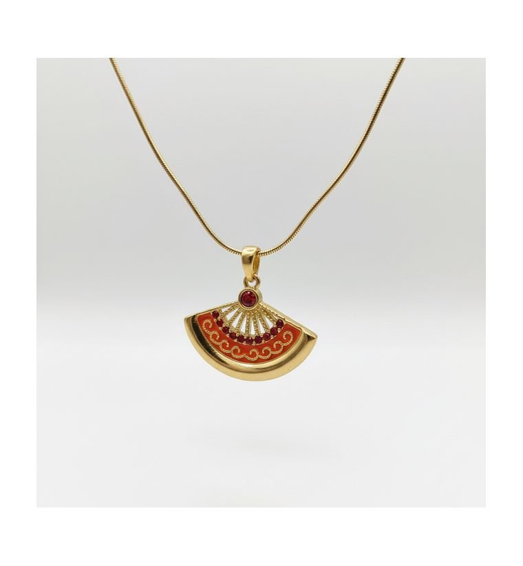 Éventail Pendant — gold plated necklace with red enamel fan pendant