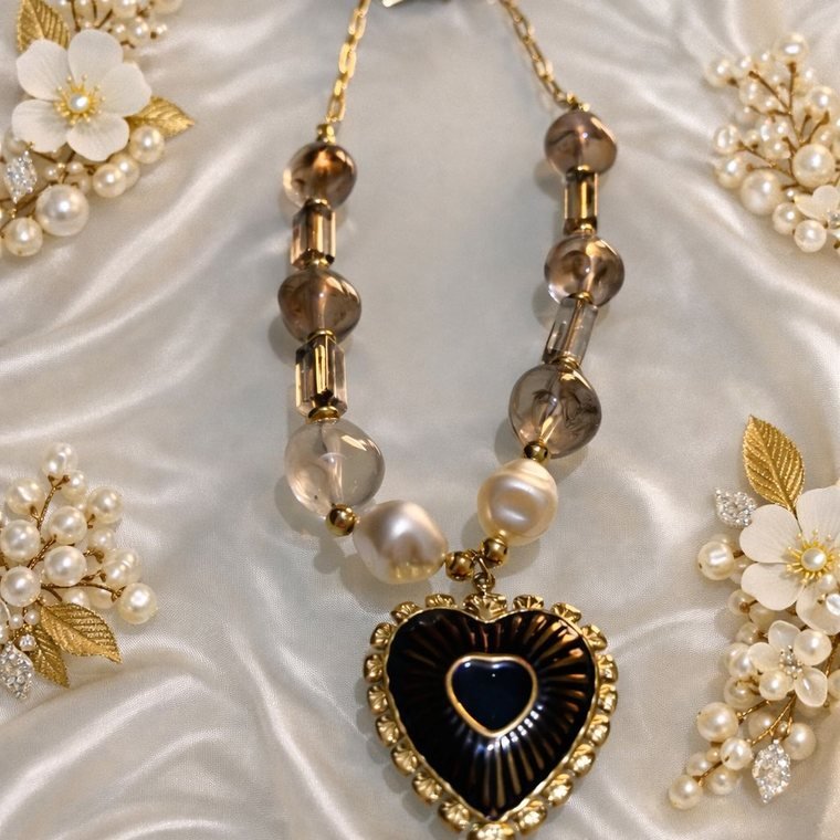 Fumée Cœur Necklace — smoky bead and pearl necklace with black heart pendant
