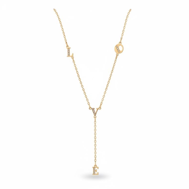 LOVE Lariat — gold plated lariat necklace with pavé letters