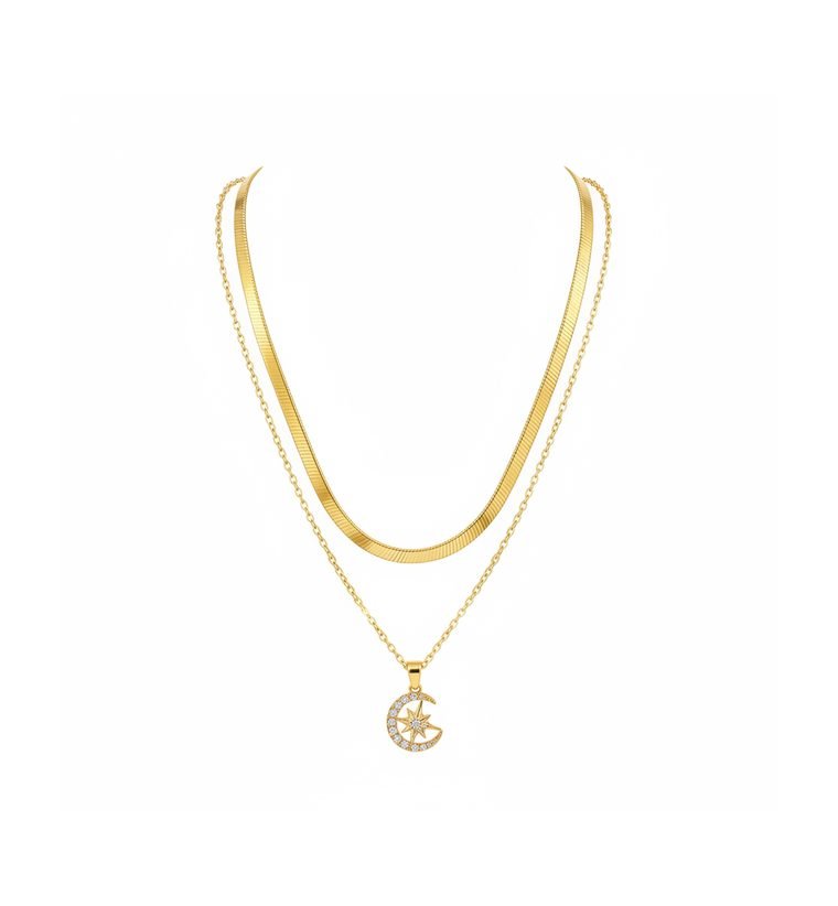 Lune Superposée — gold plated layered necklace with crescent moon pendant