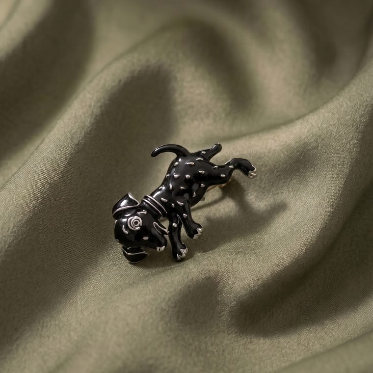 Noir Pup Brooch — black enamelled dog brooch with silver-tone accents