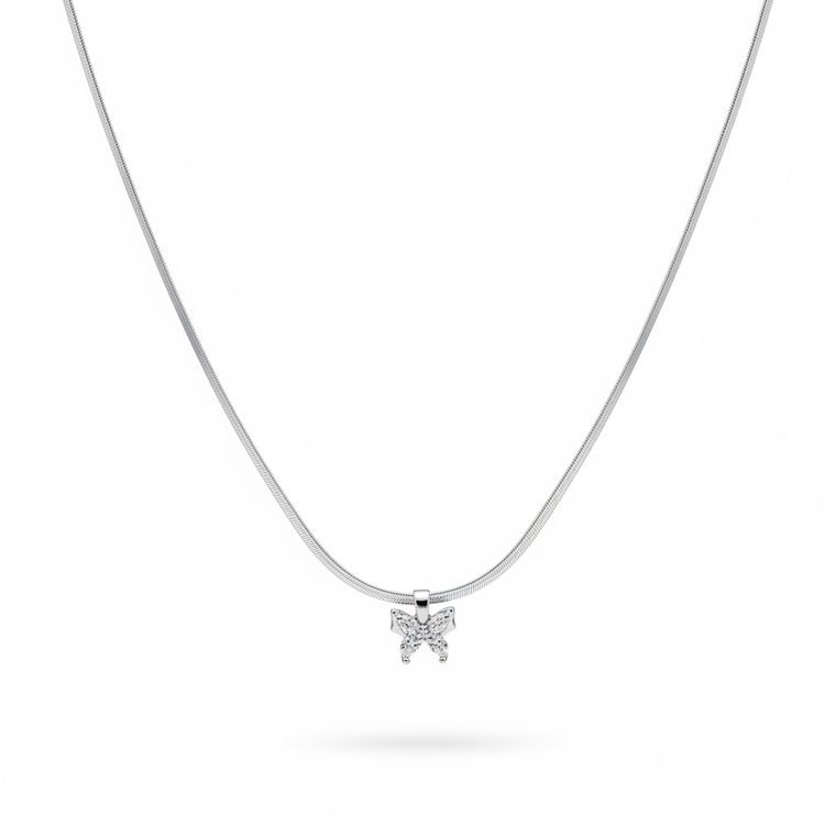 Papillon Pendant — silver-tone snake chain necklace with pavé butterfly pendant