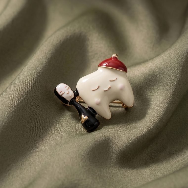 Petite Dent Brooch — enamelled tooth brooch with red beret and toothbrush