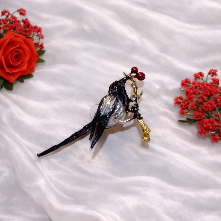 Pie Cerise Brooch — enamelled bird brooch on gold branch with red berries