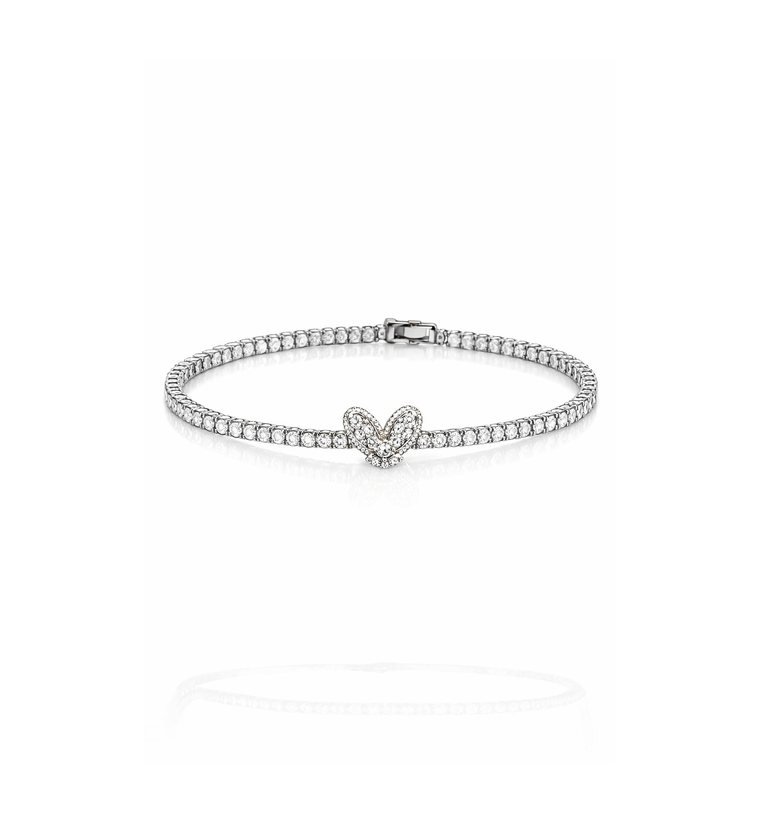 Rivière Cœur Argent — silver-tone crystal tennis bracelet with pavé heart