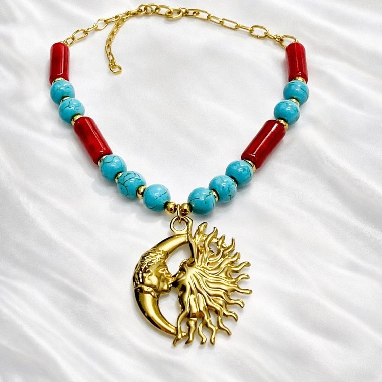 Soleil & Lune Necklace — turquoise and red beaded necklace with sun and moon pendant