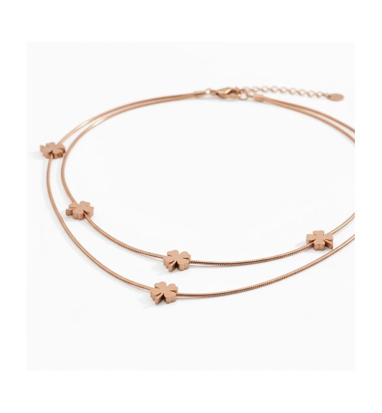 Trèfle Rosé Duo Chain — rose gold plated double chain necklace with clovers — alternate view