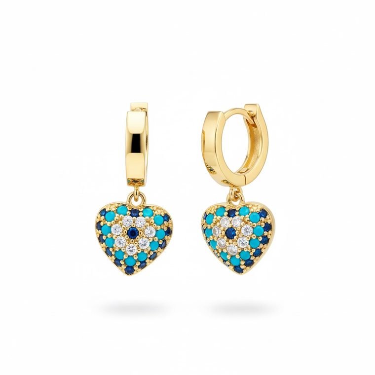 Turquoise Cœur Drops — gold plated drop earrings with turquoise and navy pavé hearts